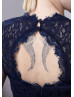 Navy Blue Lace Keyhole Back Short Mother Dress 